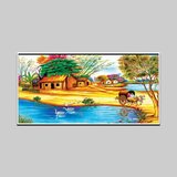 Colorful Indian Village Scenery Wall Art – Rural Landscape with Huts, Bullock Cart, and River