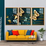 Golden Butterflies Abstract Acrylic Wall Art - 3 Piece Canvas Print Set