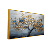 Elegant Golden Tree Wall Art with Blue Butterflies – 3D Textured Canvas Painting
