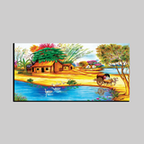 Colorful Indian Village Scenery Wall Art – Rural Landscape with Huts, Bullock Cart, and River
