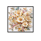 3D Floral Wall Art – Elegant Gold and White Paper Flower Design in Black Frame