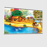 Colorful Indian Village Scenery Wall Art – Rural Landscape with Huts, Bullock Cart, and River