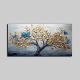 Elegant Golden Tree Wall Art with Blue Butterflies – 3D Textured Canvas Painting