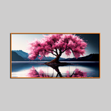 Serene Pink Blossom Tree Wall Art – Cherry Tree on Water with Mountain Reflections