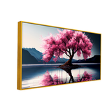Serene Pink Blossom Tree Wall Art – Cherry Tree on Water with Mountain Reflections