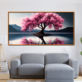 Serene Pink Blossom Tree Wall Art – Cherry Tree on Water with Mountain Reflections