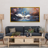 Painting Two Swans Swimming Pond with Pink Flowers Canvas Wall Paintings