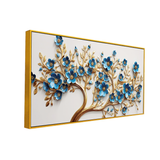 Elegant 3D Golden Tree Wall Art with Blue Floral Accents – Modern Home Décor Panel