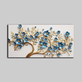 Elegant 3D Golden Tree Wall Art with Blue Floral Accents – Modern Home Décor Panel