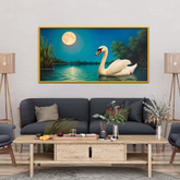 Painting Swan Water with Moon Background Canvas Wall Paintings