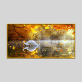 Mirror Lake Scenery With Golden Leaves Graceful Swan Canvas Wall Paintings