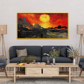 Man Walking Down Road with Sun Background Canvas Wall Paintings