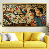 Traditional Indian Woman with Birds on Tree Canvas Vintage Wall Paintings