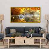 Mirror Lake Scenery With Golden Leaves Graceful Swan Canvas Wall Paintings