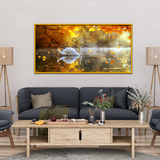 Mirror Lake Scenery With Golden Leaves Graceful Swan Canvas Wall Paintings