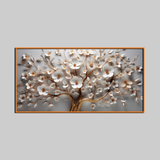 3D White Blossom Tree Wall Art – Elegant Gold Accented Floral Canvas for Modern Home Décor