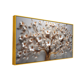 3D White Blossom Tree Wall Art – Elegant Gold Accented Floral Canvas for Modern Home Décor