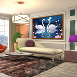 Illustration Two Swans Are Swimming Pond Night Canvas Wall Paintings