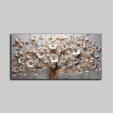 3D White Blossom Tree Wall Art – Elegant Gold Accented Floral Canvas for Modern Home Décor