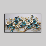 Luxurious 3D Floral Tree Wall Art – Teal and White Blossoms with Gold Detailing for Elegant Interior Décor