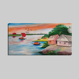 Natural Scenery Drawing of a Riverside Village at Sunset
