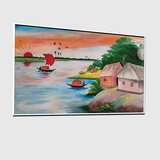 Natural Scenery Drawing of a Riverside Village at Sunset