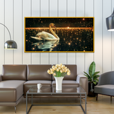 Graceful Swan Serene Lake Surrounded By Whimsical Sparkling Lights Nighttime Canvas Wall Paintings