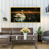 Graceful Swan Serene Lake Surrounded By Whimsical Sparkling Lights Nighttime Canvas Wall Paintings