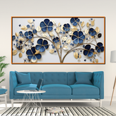 Elegant 3D Golden Floral Wall Art – Deep Blue Blossoms and Metallic Leaves for Modern Home Décor