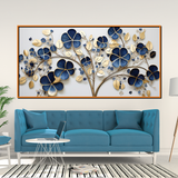 Elegant 3D Golden Floral Wall Art – Deep Blue Blossoms and Metallic Leaves for Modern Home Décor
