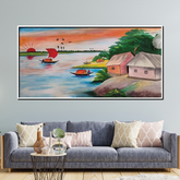 Natural Scenery Drawing of a Riverside Village at Sunset