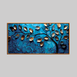 Luxurious 3D Golden Leaf Wall Art – Metallic Leaves on Textured Blue Background for Contemporary Decor