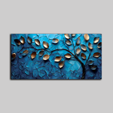 Luxurious 3D Golden Leaf Wall Art – Metallic Leaves on Textured Blue Background for Contemporary Decor