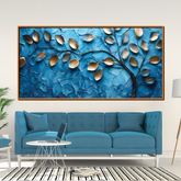 Luxurious 3D Golden Leaf Wall Art – Metallic Leaves on Textured Blue Background for Contemporary Decor