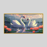Elegant Swans Birds Serene Lake With Pink Water Lilies Scenic Background Sunset Canvas Printed Wall Paintings