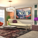 Elegant Swans Birds Serene Lake With Pink Water Lilies Scenic Background Sunset Canvas Printed Wall Paintings