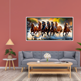 Premium Seven Running Horses on River Canvas Wall Décor Painting With Floating Framed for Wall Decors