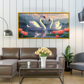 Elegant Swans Birds Serene Lake With Pink Water Lilies Scenic Background Sunset Canvas Printed Wall Paintings