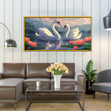 Elegant Swans Birds Serene Lake With Pink Water Lilies Scenic Background Sunset Canvas Printed Wall Paintings