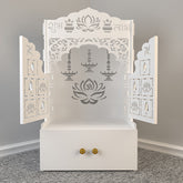 Lotus Wooden Floor Door Temple for Home With Inbuilt focus Lights & Spacious Shelf