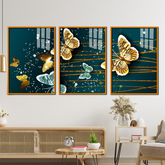 Golden Butterflies Abstract Acrylic Wall Art - 3 Piece Canvas Print Set
