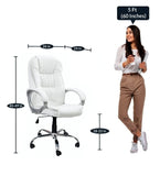 Premium White Leatherette Office Chair with Fixed Armrests | Ergonomic Home Office Desk Chair | Heavy Duty Chrome Base