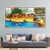 Colorful Indian Village Scenery Wall Art – Rural Landscape with Huts, Bullock Cart, and River