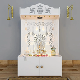 Aesthetic White Wooden Temple With Door for Home with Spacious Shelf & Inbuilt Focus Light