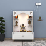 Divine Puja Mandir Design with LED Lights, Home Mandir, OM, Puja Shelf for Home/Office - White