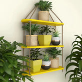 Wooden Wall Hanging Planter Shelf with Rope Three Layer (Yellow color)