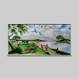 Traditional Indian Village Life Wall Art – Kids Flying Kites by the River with Cattle and Countryside Scenery