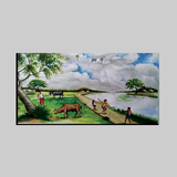 Traditional Indian Village Life Wall Art – Kids Flying Kites by the River with Cattle and Countryside Scenery