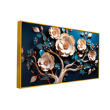 Luxury Floral Wall Art – 3D Gold and Blue Blossom Tree on Deep Blue Canvas