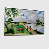 Traditional Indian Village Life Wall Art – Kids Flying Kites by the River with Cattle and Countryside Scenery